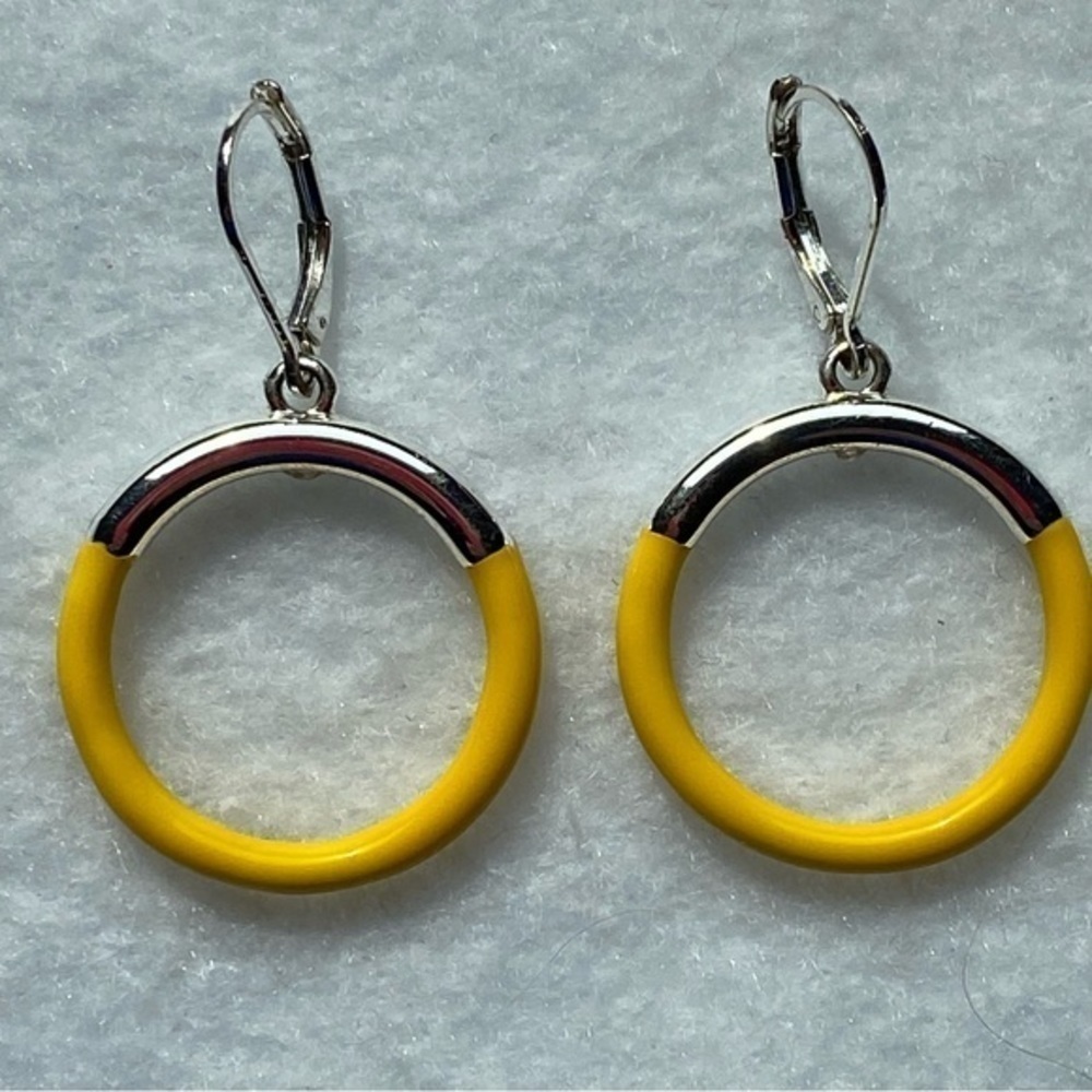 Macy’s silver metal and yellow enamel hoop drop earrings NWOT